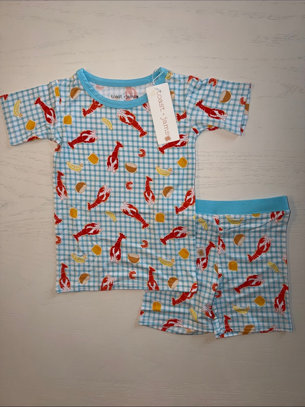 toast+jams Kids Blue Gingham Lobster Pajama Set 2T 3T 5/6